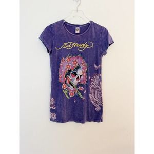 Vintage Y2K Womens Ed Hardy Purple Graphic Tee Size Large